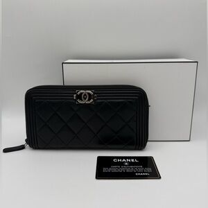 Chanel Lambskin Quilted Boy Zip Around Wallet Black